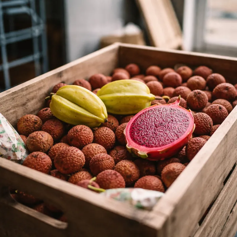 Crates of fresh exotic fruit