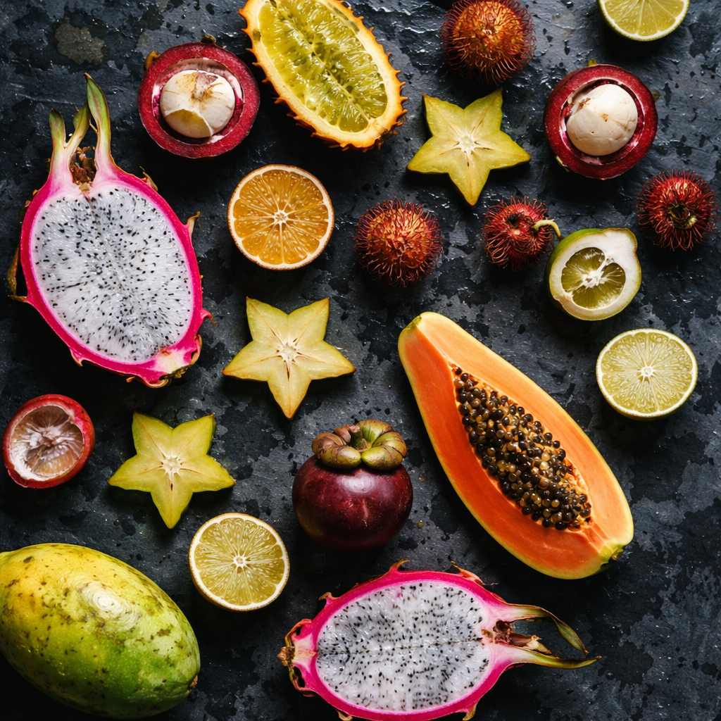 Overhead shot looking straight down at a wide array of exotic whole and halved fruits spread loosely across a dark wet slate surface — dragon fruit, kiwano melon, starfruit, rambutan, papaya wedge, mangosteen — real organic gaps between them, natural imperfections and slight bruising on cut edges, soft daylight from a high window casting low-angle shadows, candid food photography