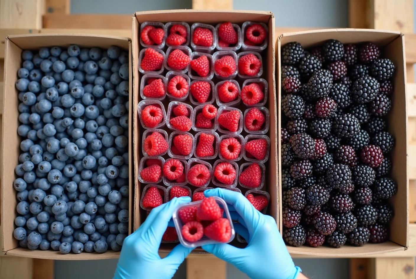 Top-down view of wholesale trays of blueberries, raspberries and blackberries in clear punnets, gloved hands lifting one