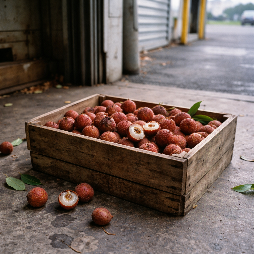 Open wooden crate of lychees near a loading dock, afternoon light revealing their skins and flesh