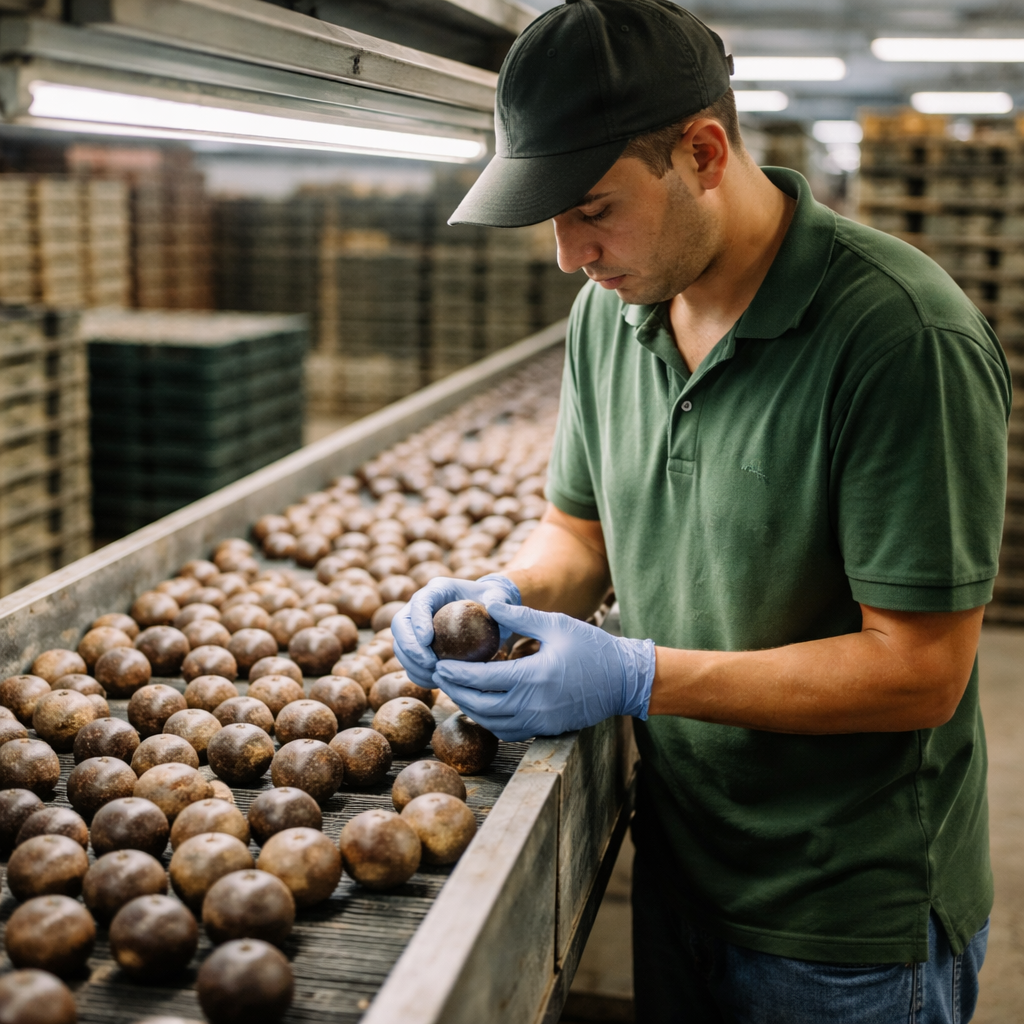 Worker hand-inspecting passion fruits on a packing line under quality-control lighting