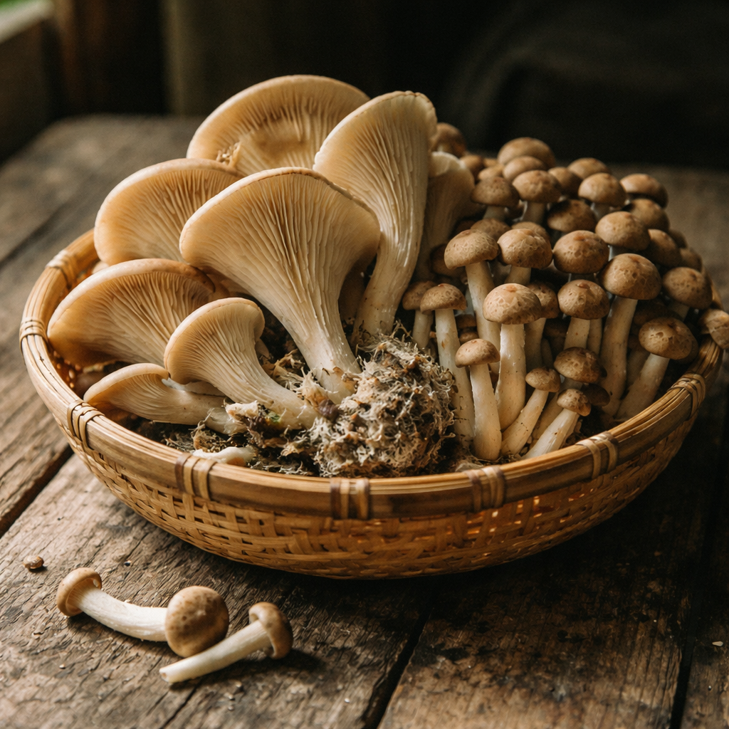 Oyster mushrooms and brown shimeji in a bamboo basket on rough reclaimed wood