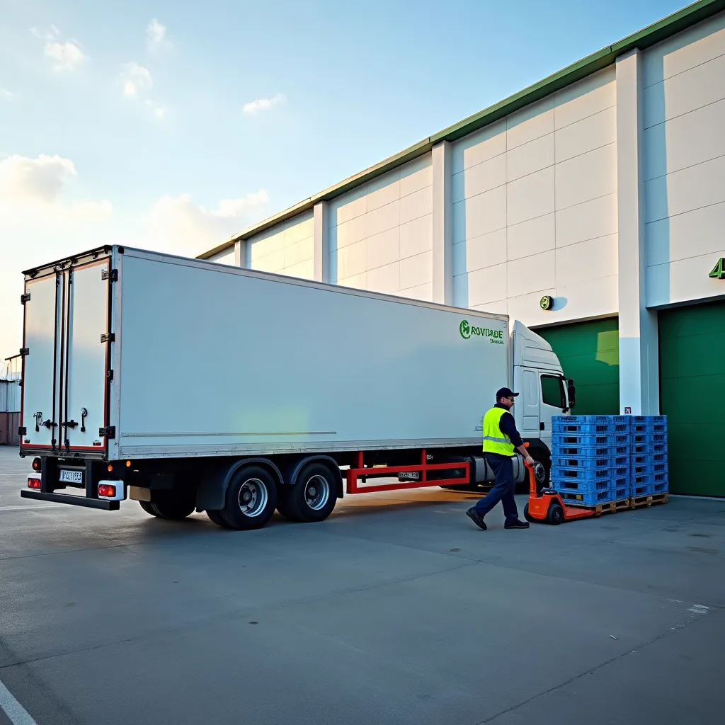 Refrigerated truck backing up to a produce loading facility under an overcast Dutch morning sky