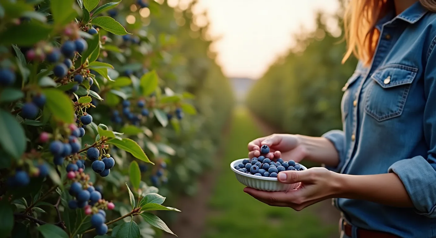 Grower picking fresh blueberries from the bush on a Timfresh International partner farm