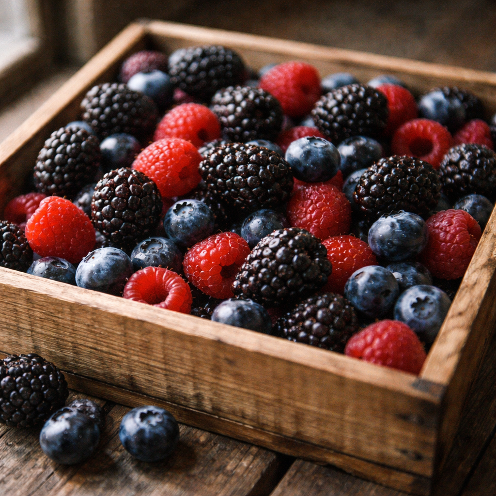 Fresh mixed berries in a shallow wooden market crate with condensation from cold storage