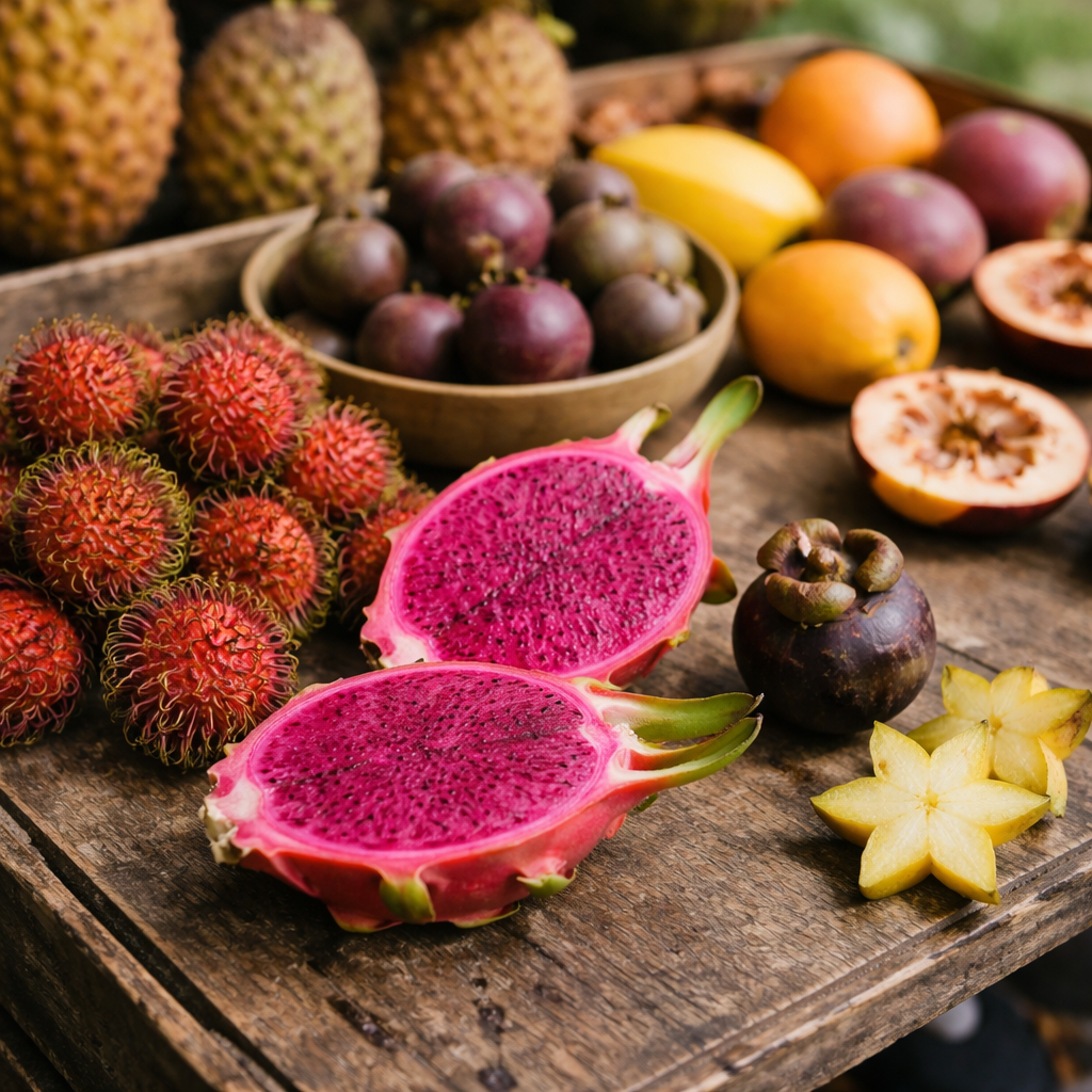 Dragon fruit, rambutan, mangosteen, and star fruit arranged on a worn wooden market table