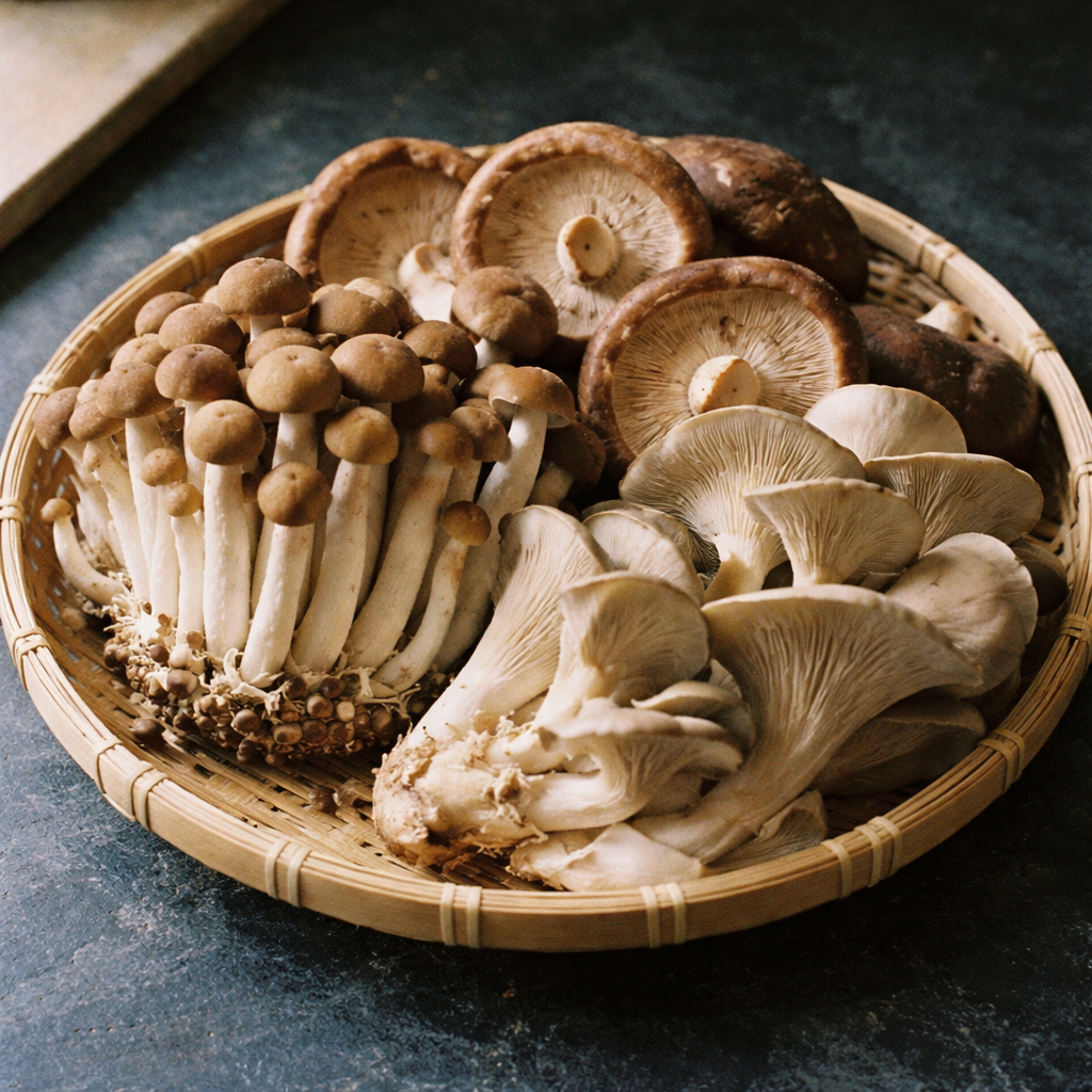 Shimeji, shiitake, and oyster mushrooms arranged on a dark slate surface